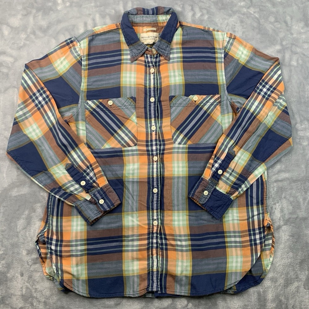 Denim Supply Ralph Lauren RL Utility Women's Large Orange Blue Green Plaid Shirt